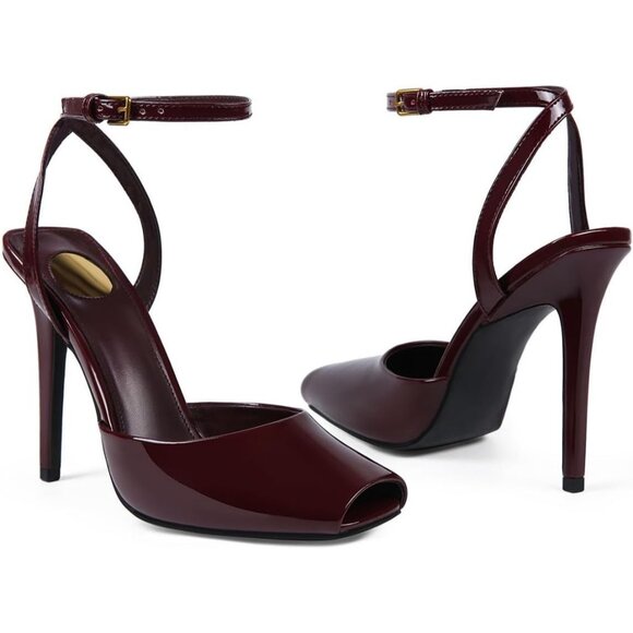 Maroon Womens Square Peep Toe Stiletto Heels Ankle Strap Backless Sandals - Picture 4 of 7